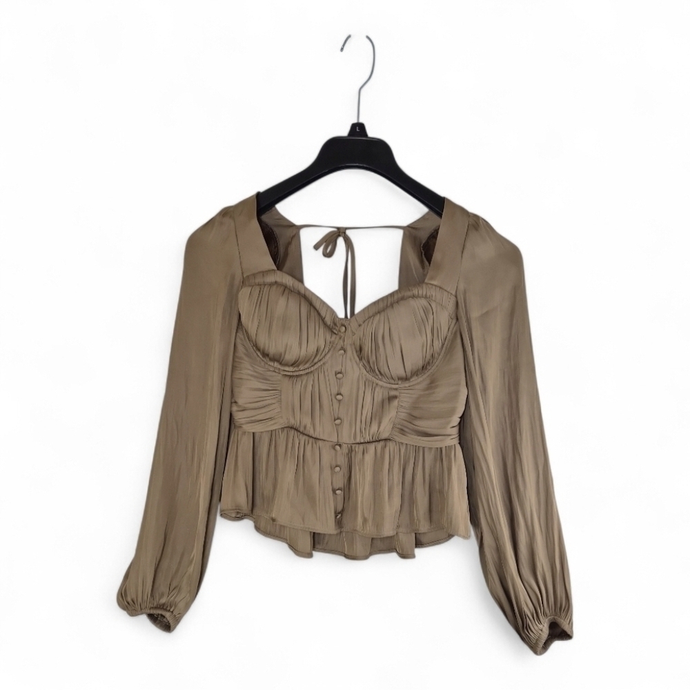 Joie XS Tan Satin Corset Top Puff Sleeve Cutout Tie-Back Romantic Date Night - Picture 3 of 11